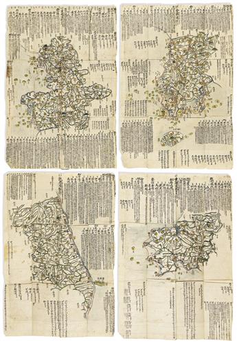 (KOREAN GEOGRAPHY.) Group of 4 manuscript maps of Korean provinces after Jeong Sanggi, heavily annotated in Chinese.                             